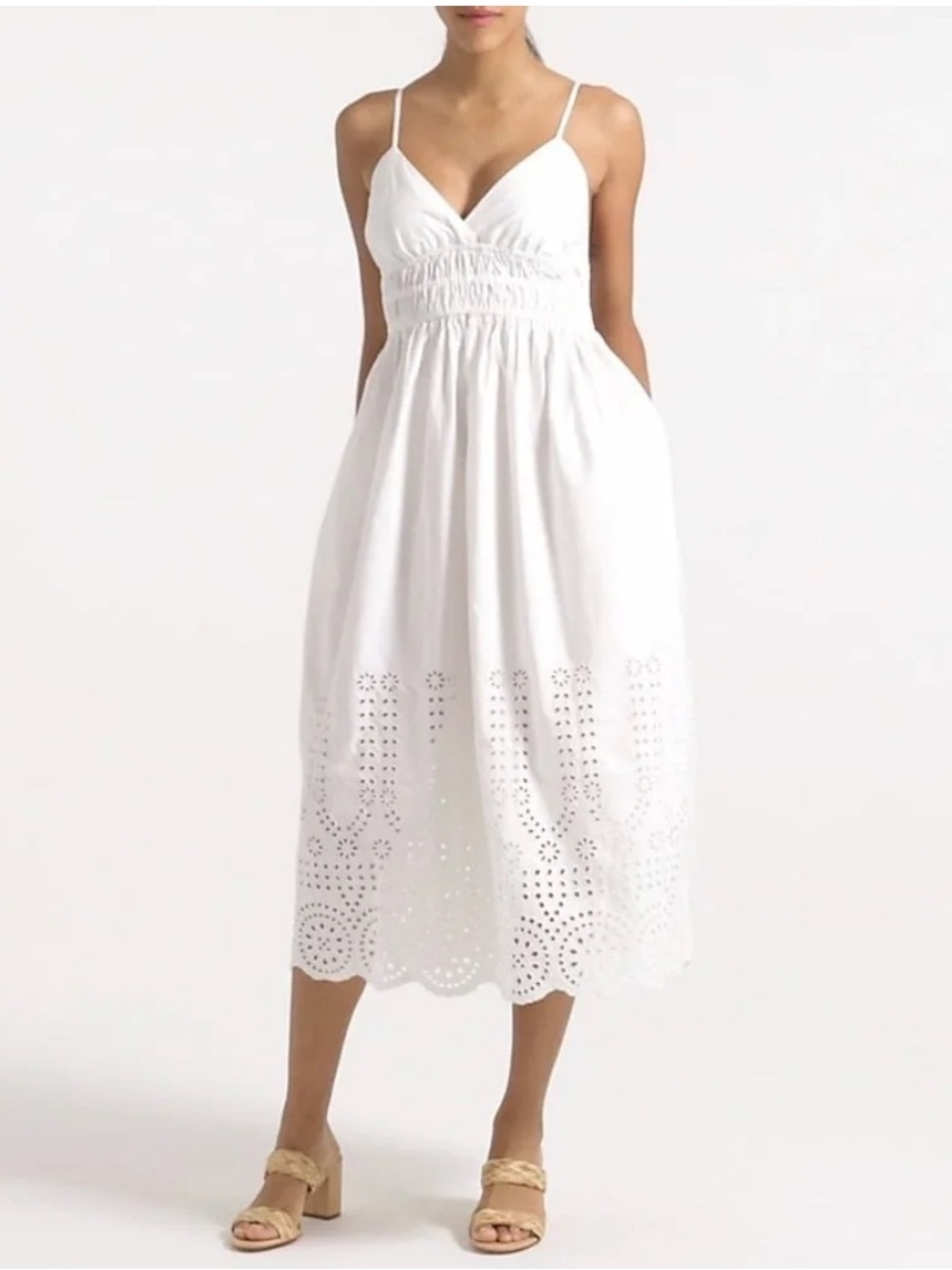 J. Crew Cotton White Eyelet Midi Dress with Smocked Waist size 14